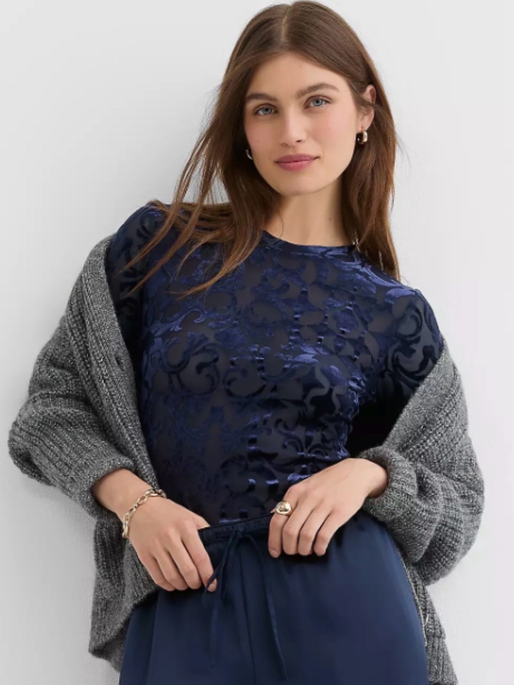 LOFT Navy Blue Burnout Velvet Long-Sleeve Top